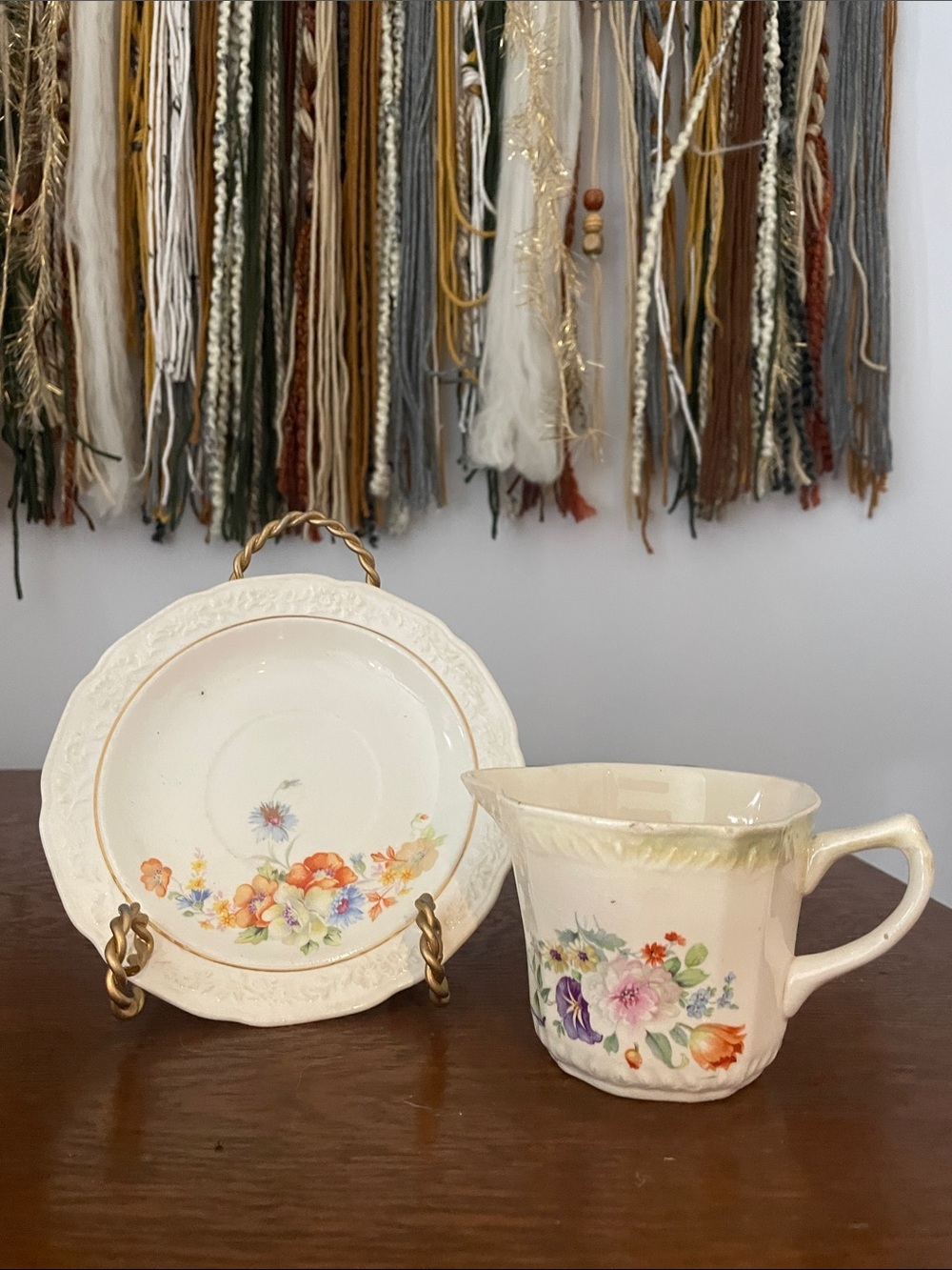 Floral Porcelain Creamer and Saucer Set - Cream Floral